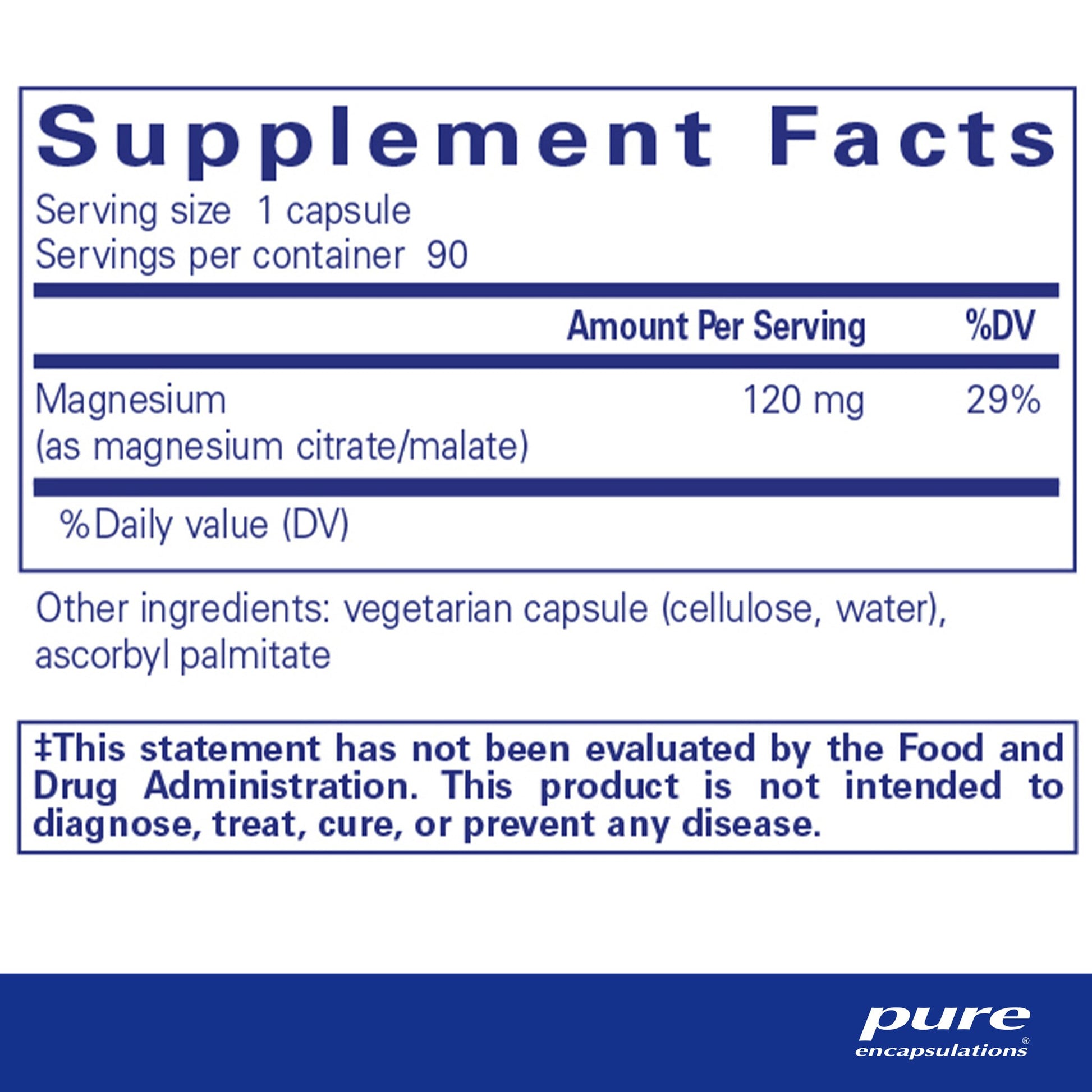 Supplement facts and ingredient information for a bottle of Pure Encapsulations Magnesium (citrate/malate) capsules 