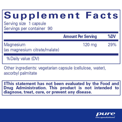Supplement facts and ingredient information for a bottle of Pure Encapsulations Magnesium (citrate/malate) capsules 