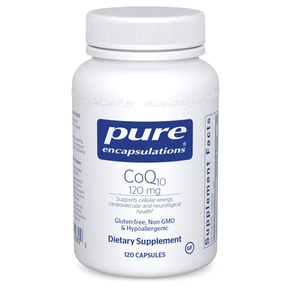A white bottle of Pure Encapsulations CoQ10 120 mg dietary supplement with blue and red label, containing 120 capsules.