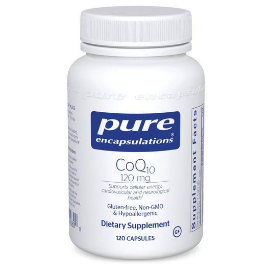 A white bottle of Pure Encapsulations CoQ10 120 mg dietary supplement with blue and red label, containing 120 capsules.