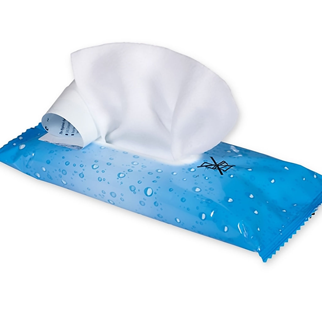Blue wet wipes packet with a white wipe on a white background