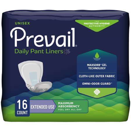 Package of Prevail daily pant liners with product details on a white background