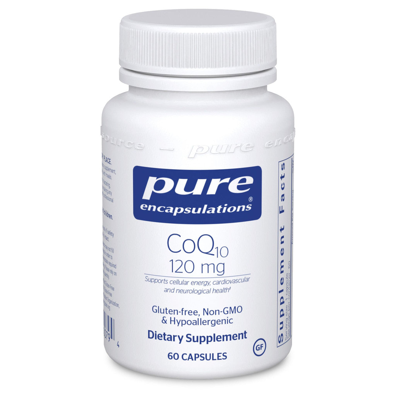 A white bottle of Pure Encapsulations CoQ10 120 mg dietary supplement with blue and red label, containing 60 capsules.