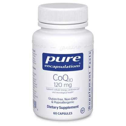 A white bottle of Pure Encapsulations CoQ10 120 mg dietary supplement with blue and red label, containing 60 capsules.