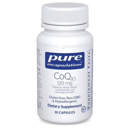 A white bottle of Pure Encapsulations CoQ10 120 mg dietary supplement with blue and red label, containing 120 capsules.
