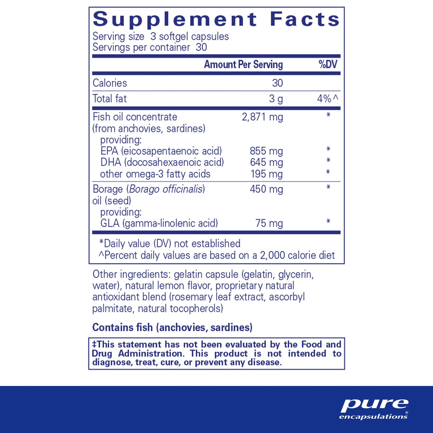 Supplement facst and ingredient information for a bottle of Pure Encapsulations VisionPro EPA/DHA/GLA softgel capsules.