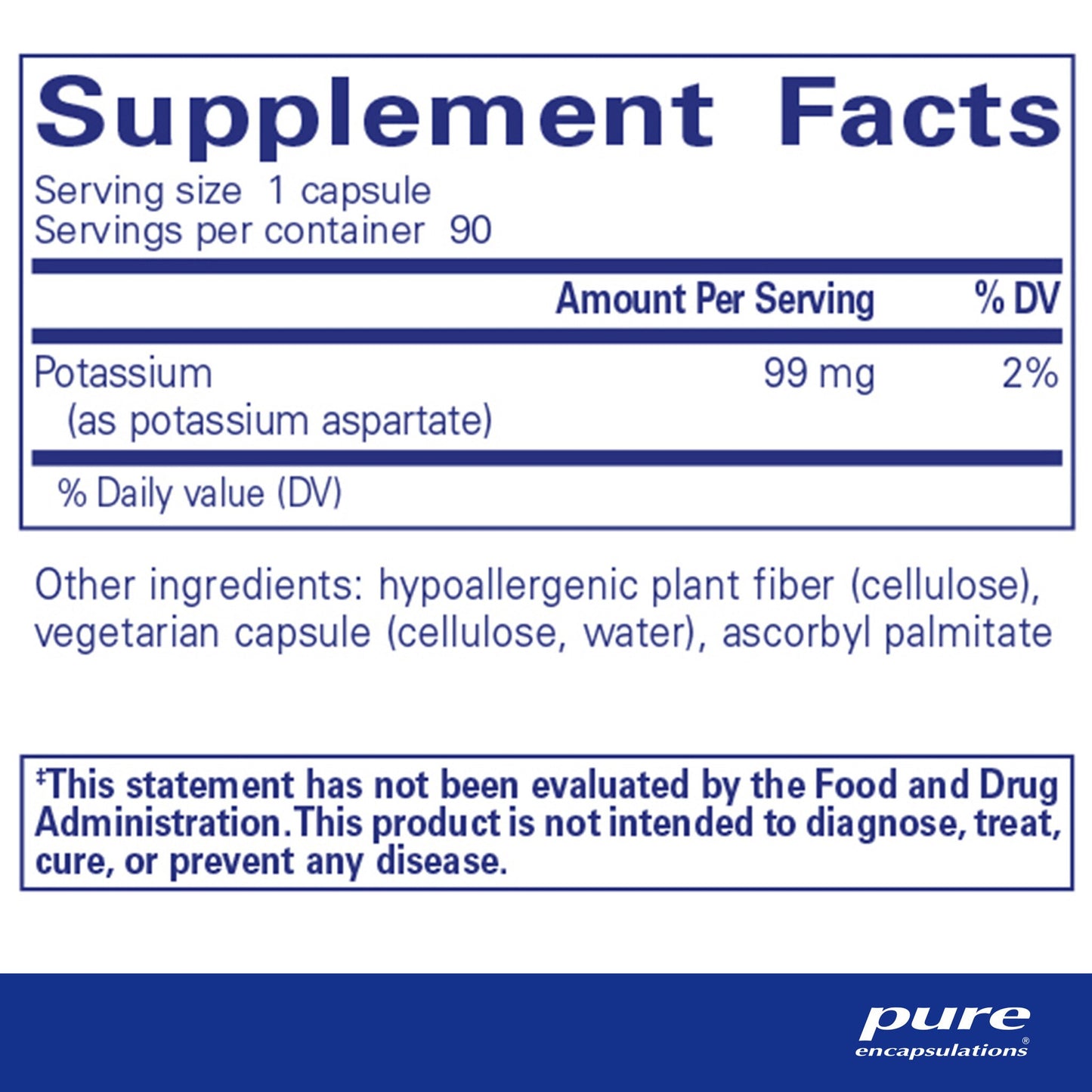 Supplement facts and ingredient information for a bottle of Pure Encapsulations Potassium (aspartate) dietary supplement 