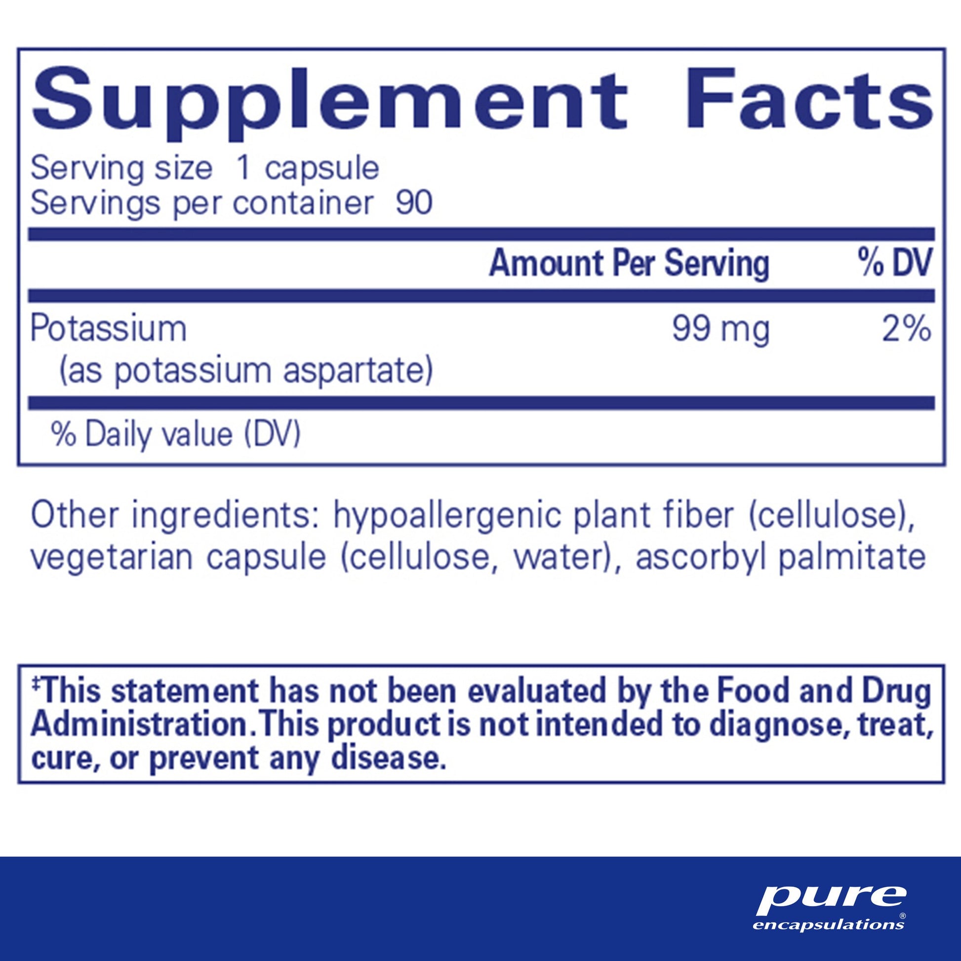 Supplement facts and ingredient information for a bottle of Pure Encapsulations Potassium (aspartate) dietary supplement 