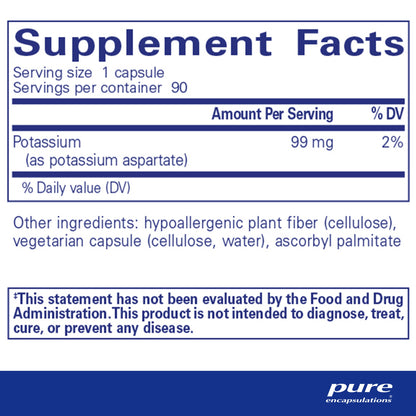 Supplement facts and ingredient information for a bottle of Pure Encapsulations Potassium (aspartate) dietary supplement 