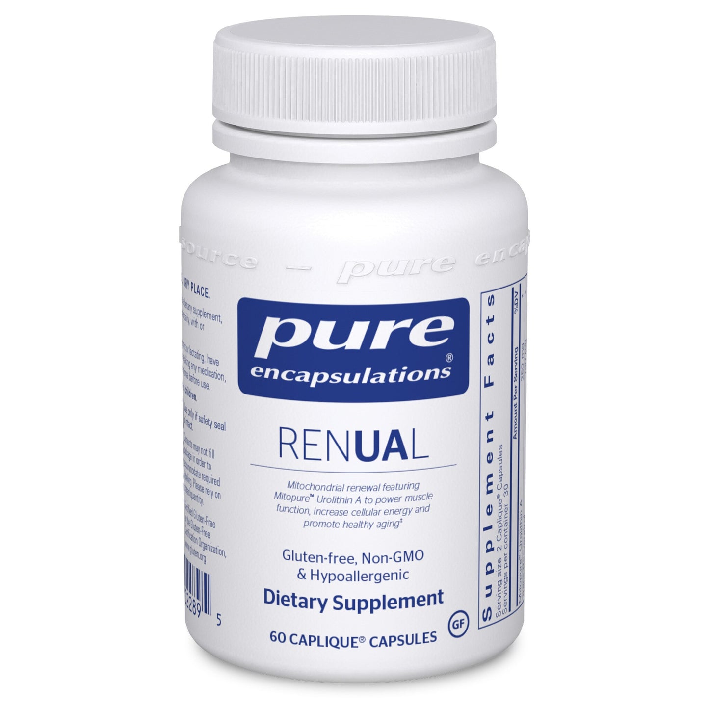 A bottle of Pure Encapsulations RENUAL dietary supplement with 60 capsules. The label is white and blue with text detailing the product name, benefits, and dietary information.