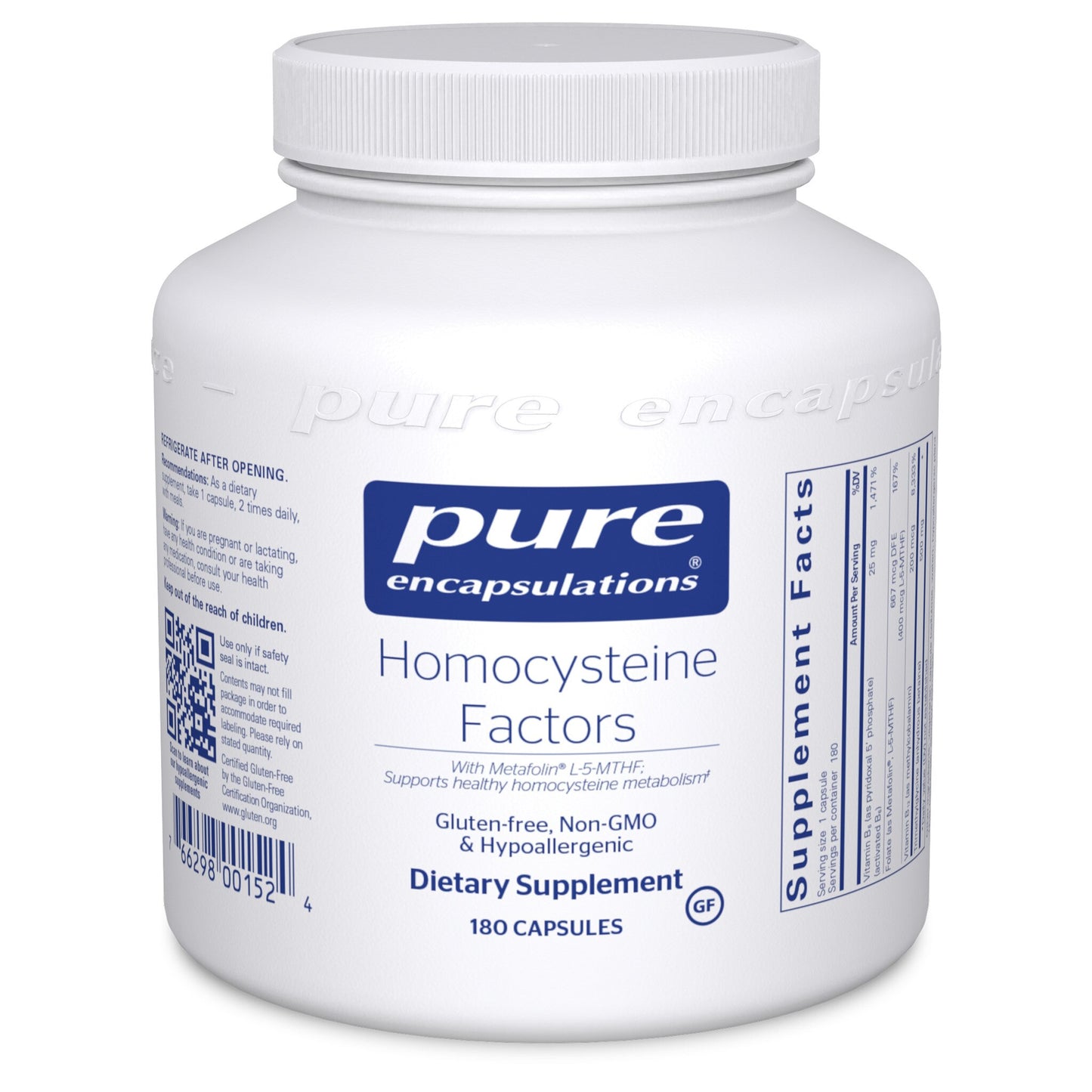 A white bottle with a blue label that reads 'Pure Encapsulations Homocysteine Factors' with additional text indicating gluten-free, non-GMO, hypoallergenic, and 60 capsules.