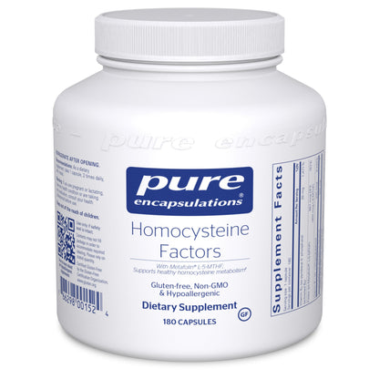 A white bottle with a blue label that reads 'Pure Encapsulations Homocysteine Factors' with additional text indicating gluten-free, non-GMO, hypoallergenic, and 60 capsules.