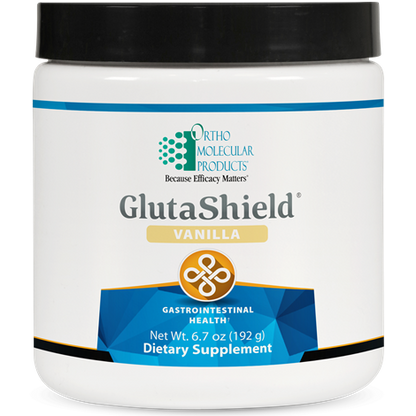 A container of OrthoMolecular Products GlutaShield in vanilla flavor for gastrointestinal health.