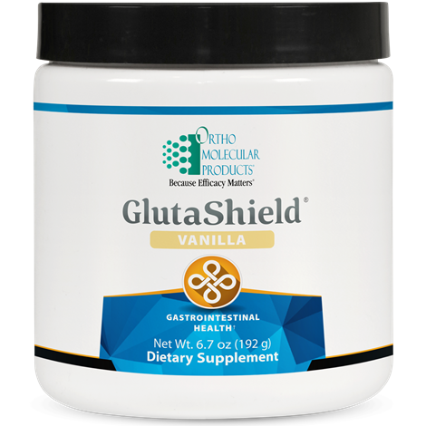 A container of OrthoMolecular Products GlutaShield in vanilla flavor for gastrointestinal health.