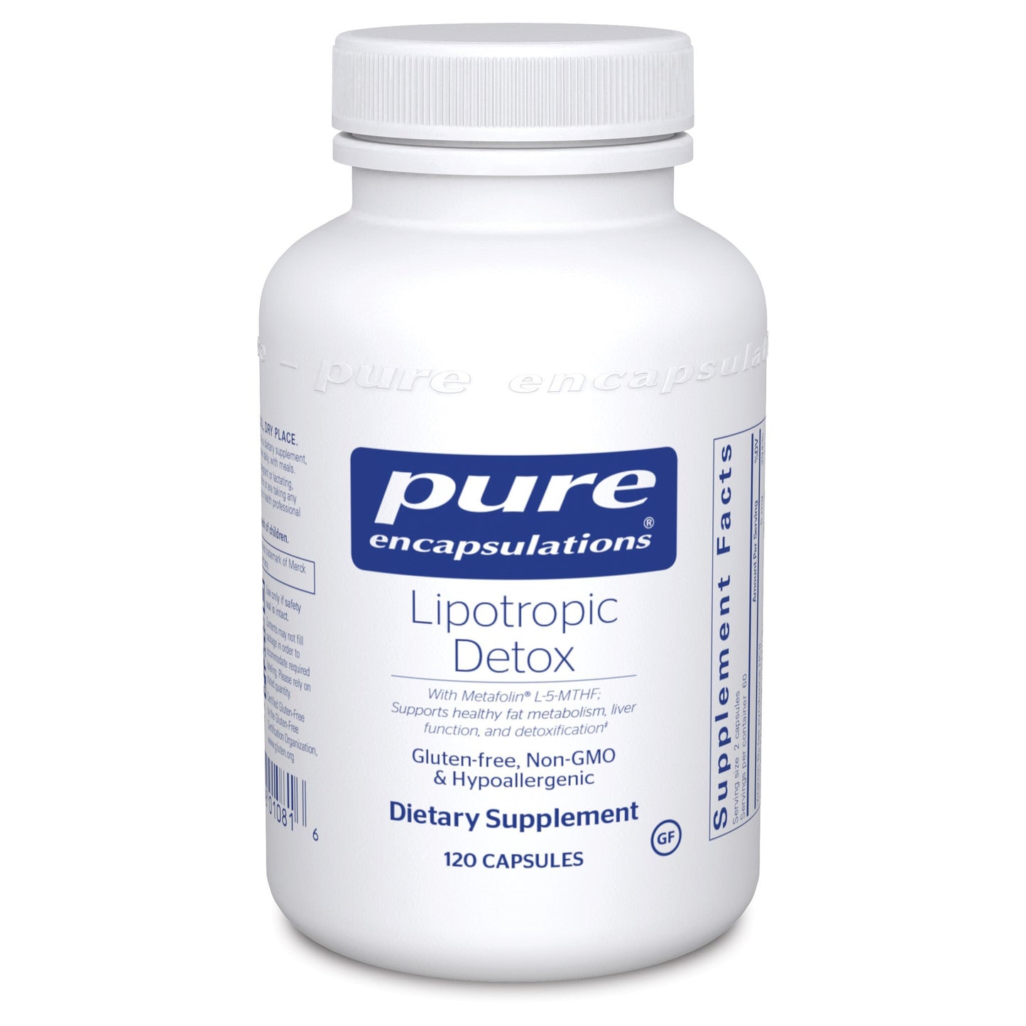 A bottle of Pure Encapsulations Lipotropic Detox dietary supplement with 120 capsules.