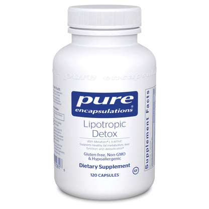 A bottle of Pure Encapsulations Lipotropic Detox dietary supplement with 120 capsules.