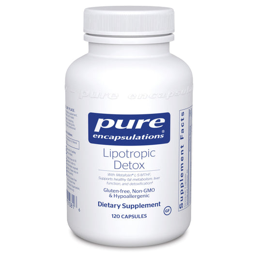 A bottle of Pure Encapsulations Lipotropic Detox dietary supplement with 120 capsules.