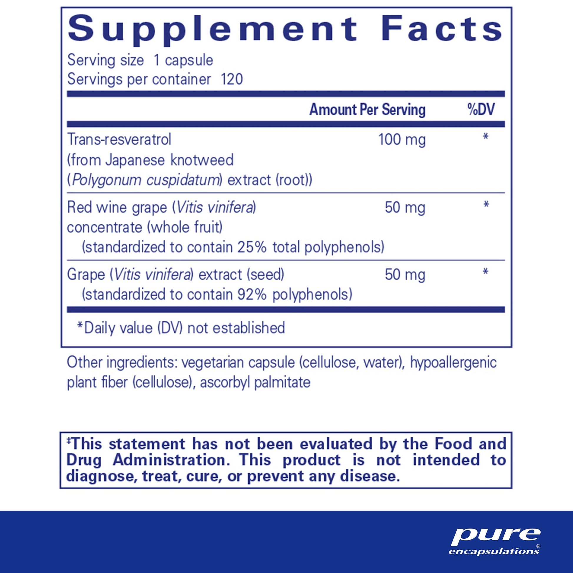 Supplement facts and ingredient information for a bottle of Pure Encapsulations Resveratrol EXTRA dietary supplement