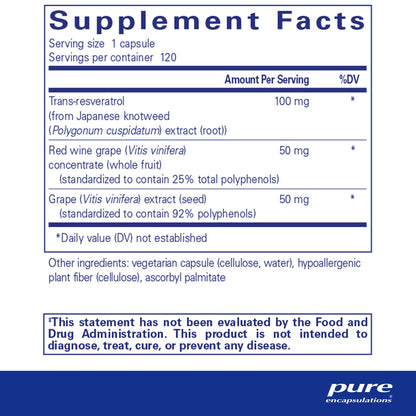 Supplement facts and ingredient information for a bottle of Pure Encapsulations Resveratrol EXTRA dietary supplement