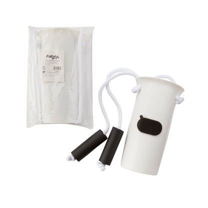 White jump rope with black handles and a white container on a white background