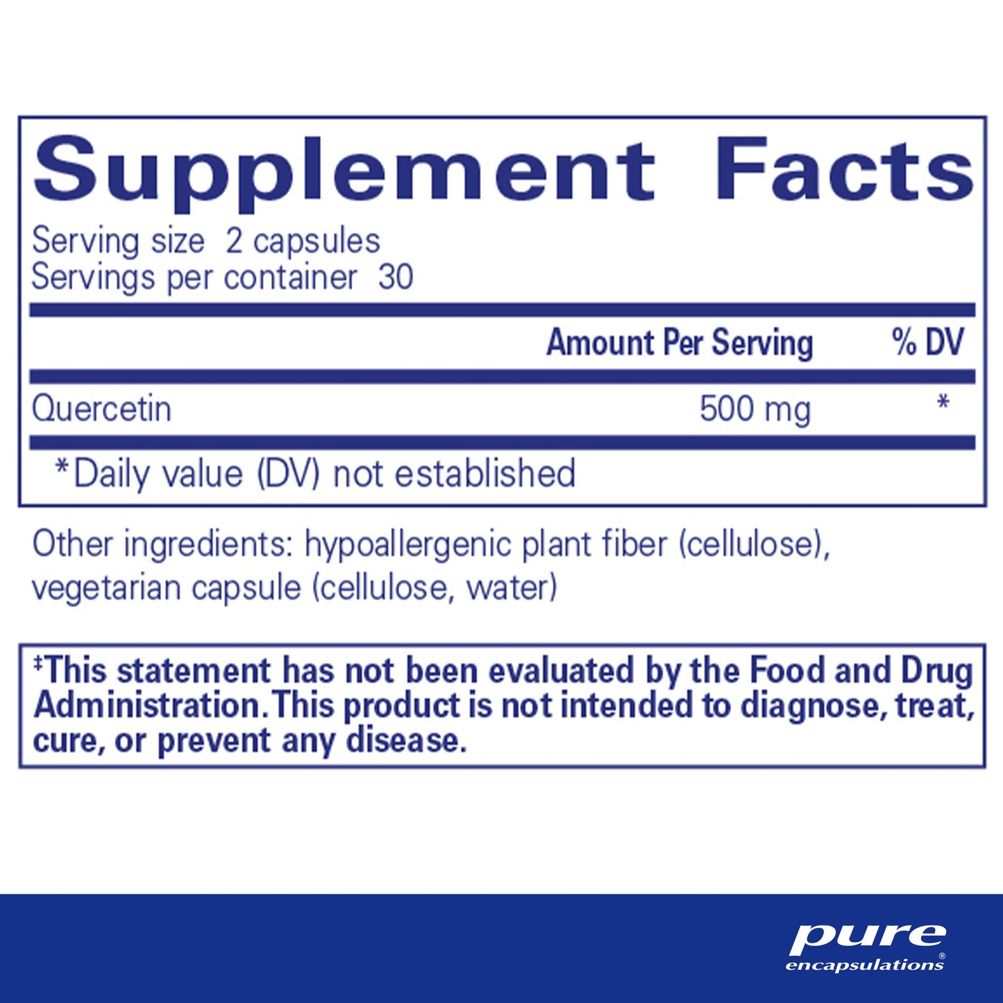 Supplement facts and ingredient information for a  bottle of Pure Encapsulations Quercetin dietary supplement 