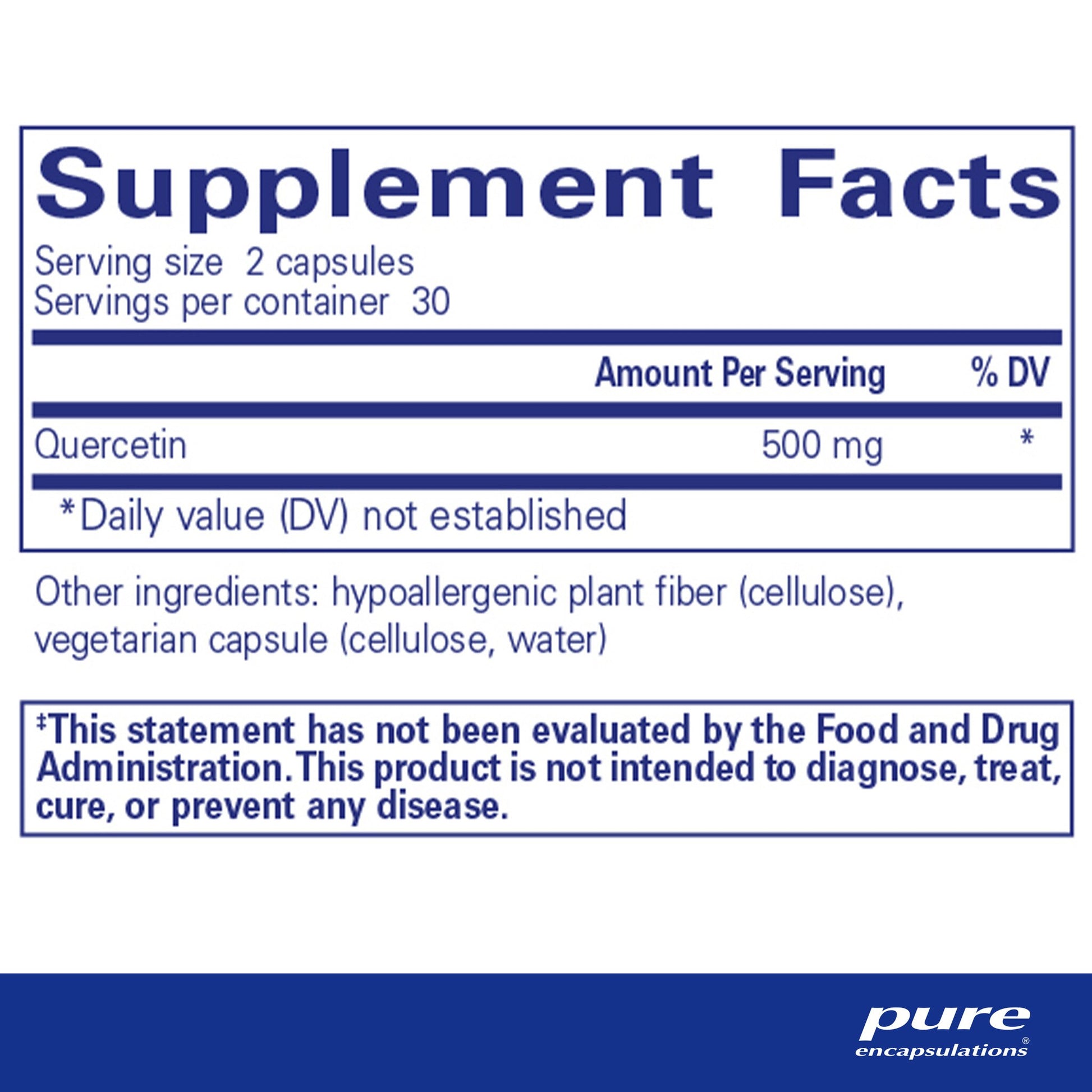 Supplement facts and ingredient information for a  bottle of Pure Encapsulations Quercetin dietary supplement 