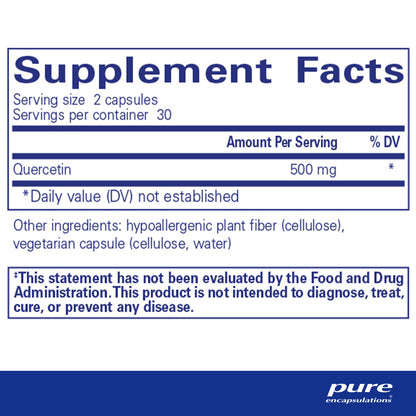 Supplement facts and ingredient information for a  bottle of Pure Encapsulations Quercetin dietary supplement 
