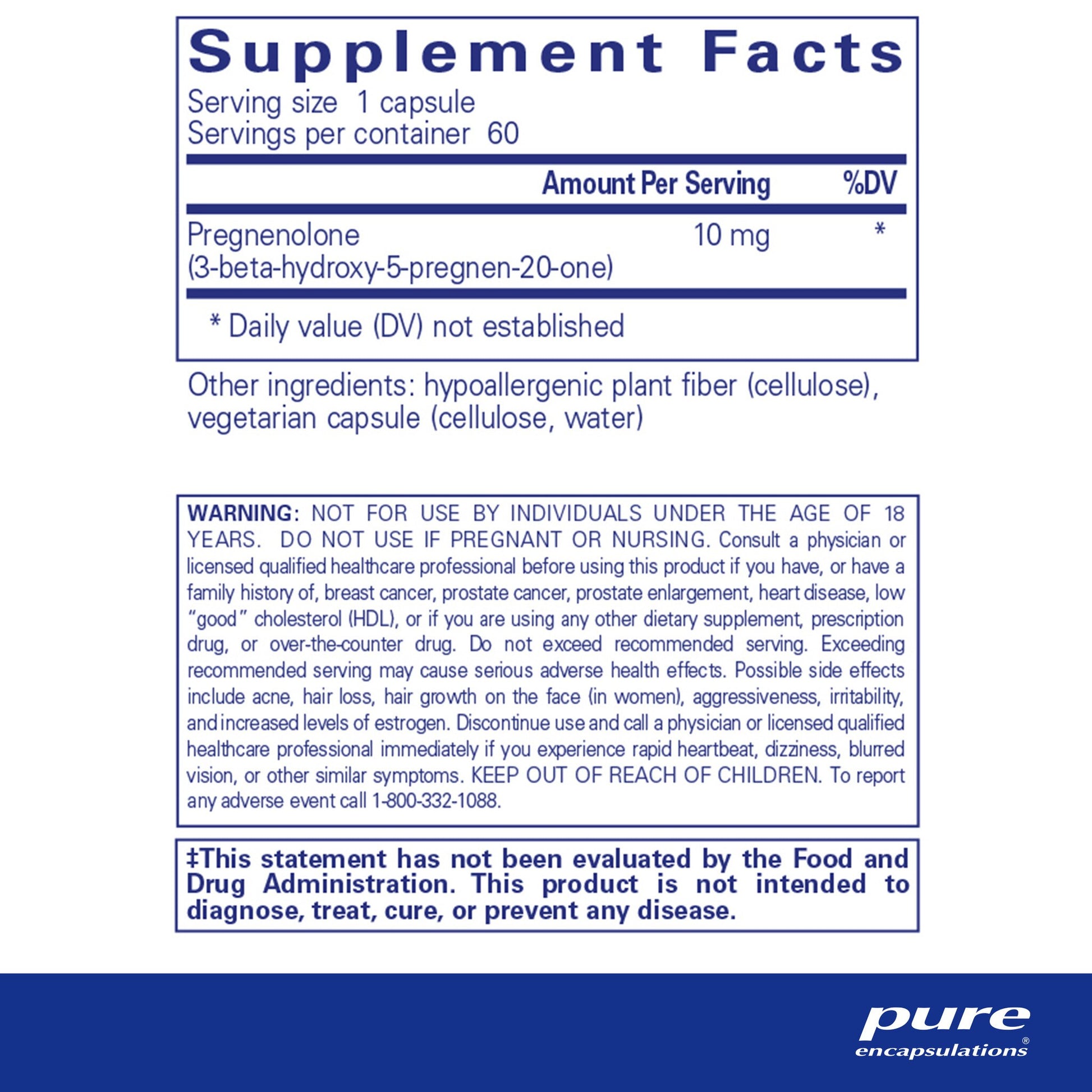 Supplement facts and ingredient information for a bottle of Pure Encapsulations Pregnenolone 10 mg dietary supplement 