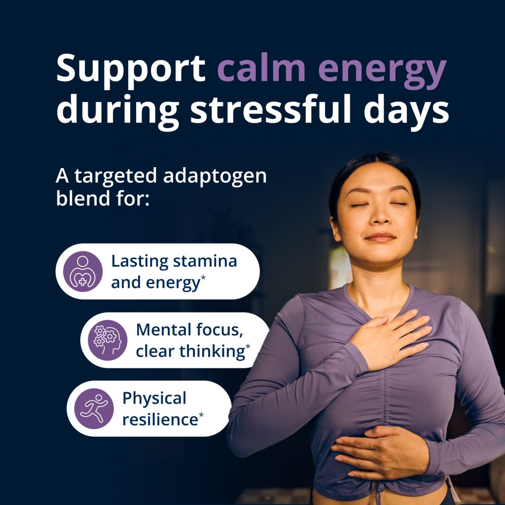 Woman with eyes closed, holding her chest, with text about support calm energy during stressful days.