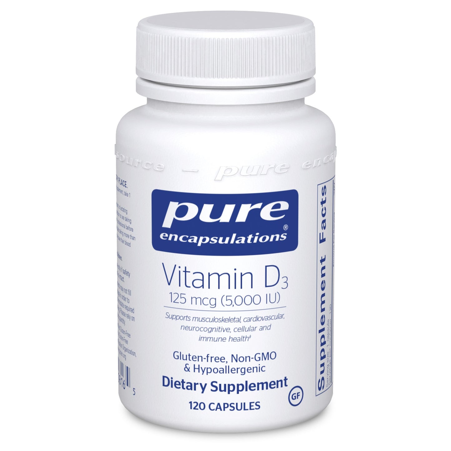 A bottle of Pure Encapsulations Vitamin D3 supplement with 120 capsules, marked with 125 mcg (5,000 IU) dosage.