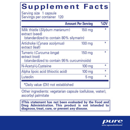Supplement facts and ingredient information for a bottle of Pure Encapsulations LVR Formula dietary supplement  