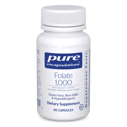 A bottle of Pure Encapsulations Folate 1000 dietary supplement with 90 capsules. The label indicates it is gluten-free, non-GMO, and hypoallergenic.