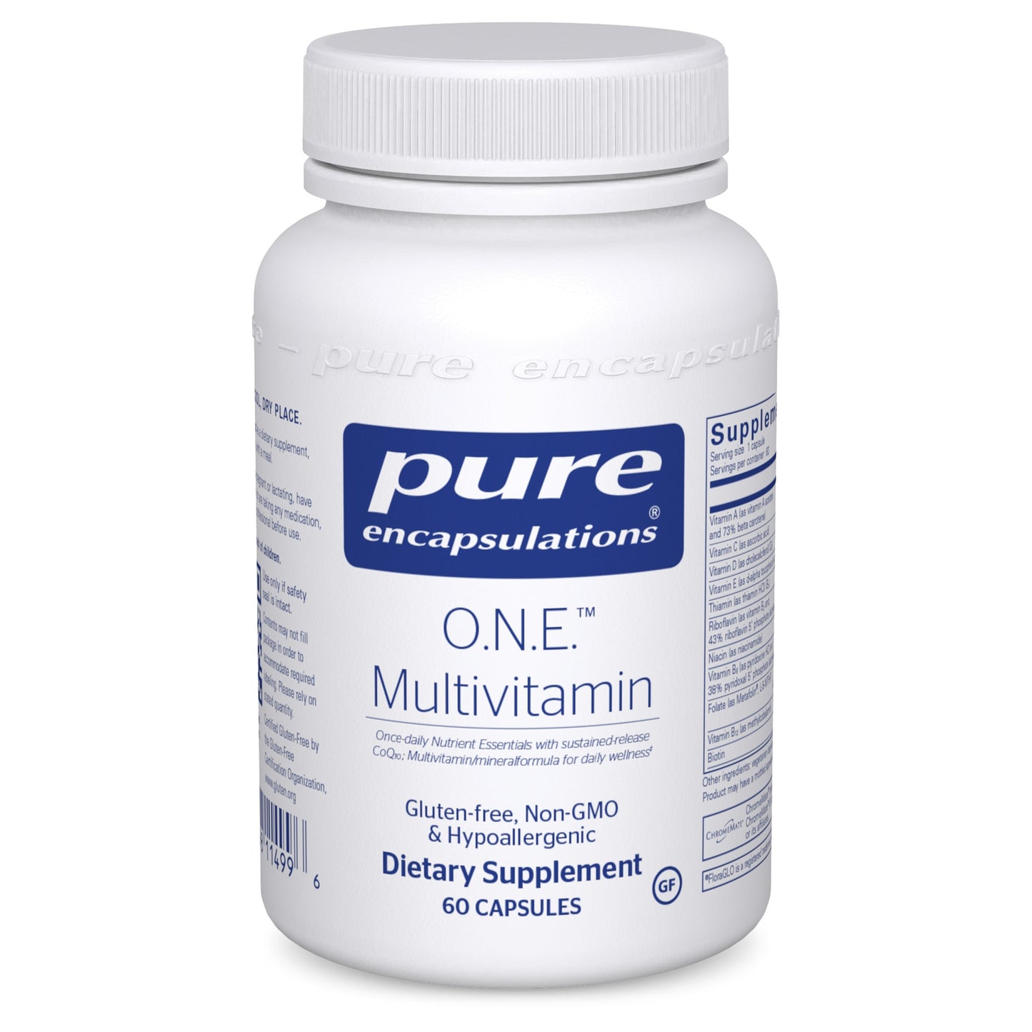 A white bottle of Pure Encapsulations O.N.E. Multivitamin with a label that includes the brand name and product name.