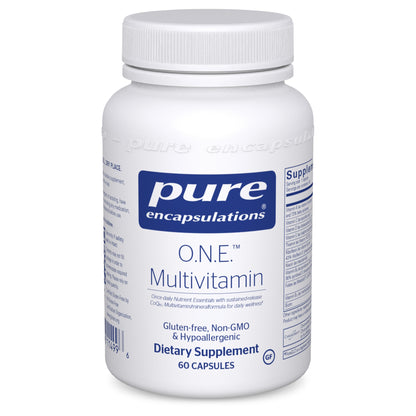 A white bottle of Pure Encapsulations O.N.E. Multivitamin with a label that includes the brand name and product name.