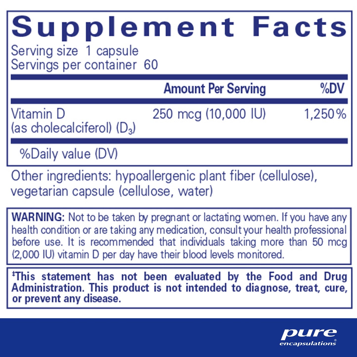 Supplement facts and ingredient information for a  bottle of Pure Encapsulations Vitamin D3 supplement 