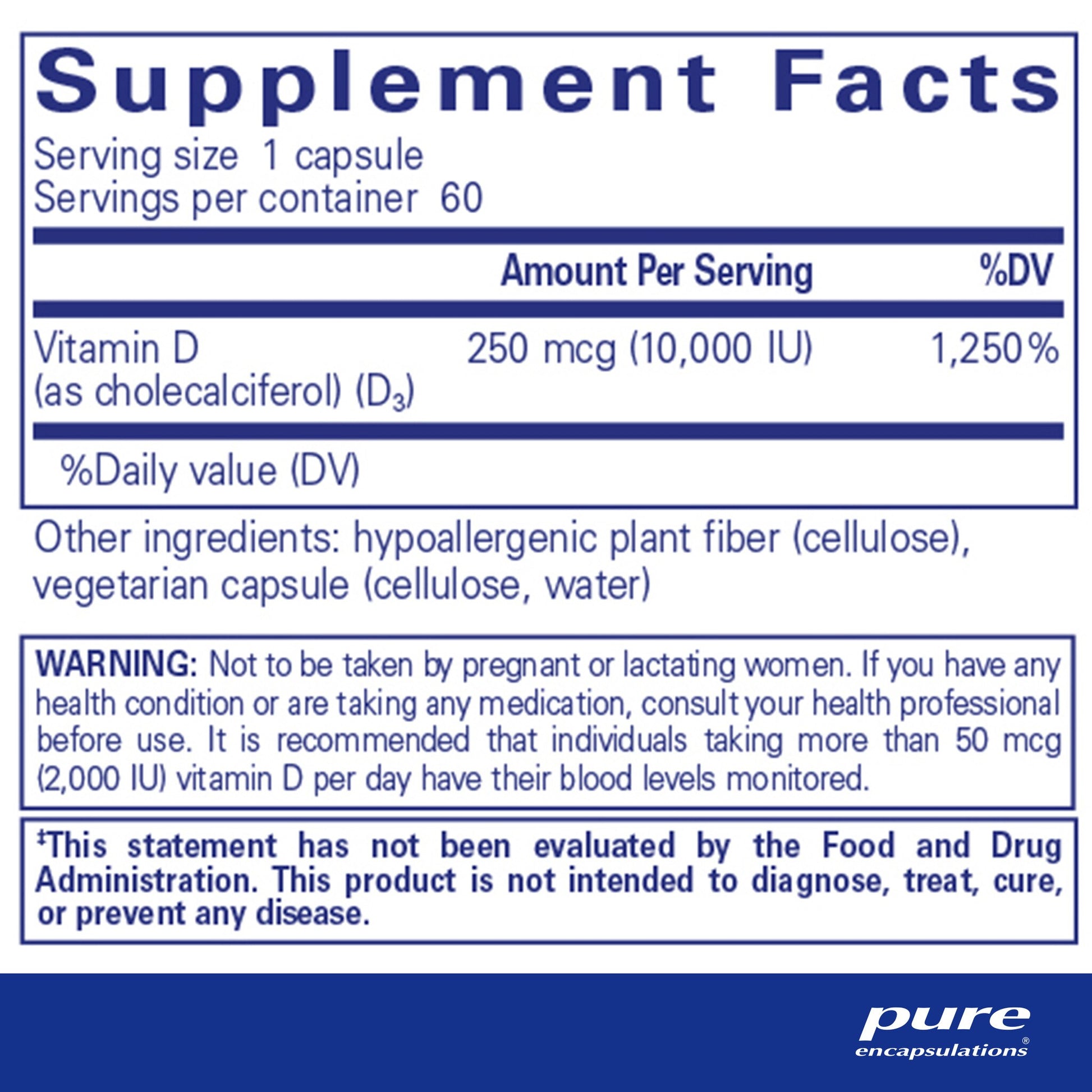 Supplement facts and ingredient information for a  bottle of Pure Encapsulations Vitamin D3 supplement 