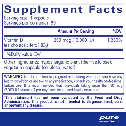 Supplement facts and ingredient information for a  bottle of Pure Encapsulations Vitamin D3 supplement 