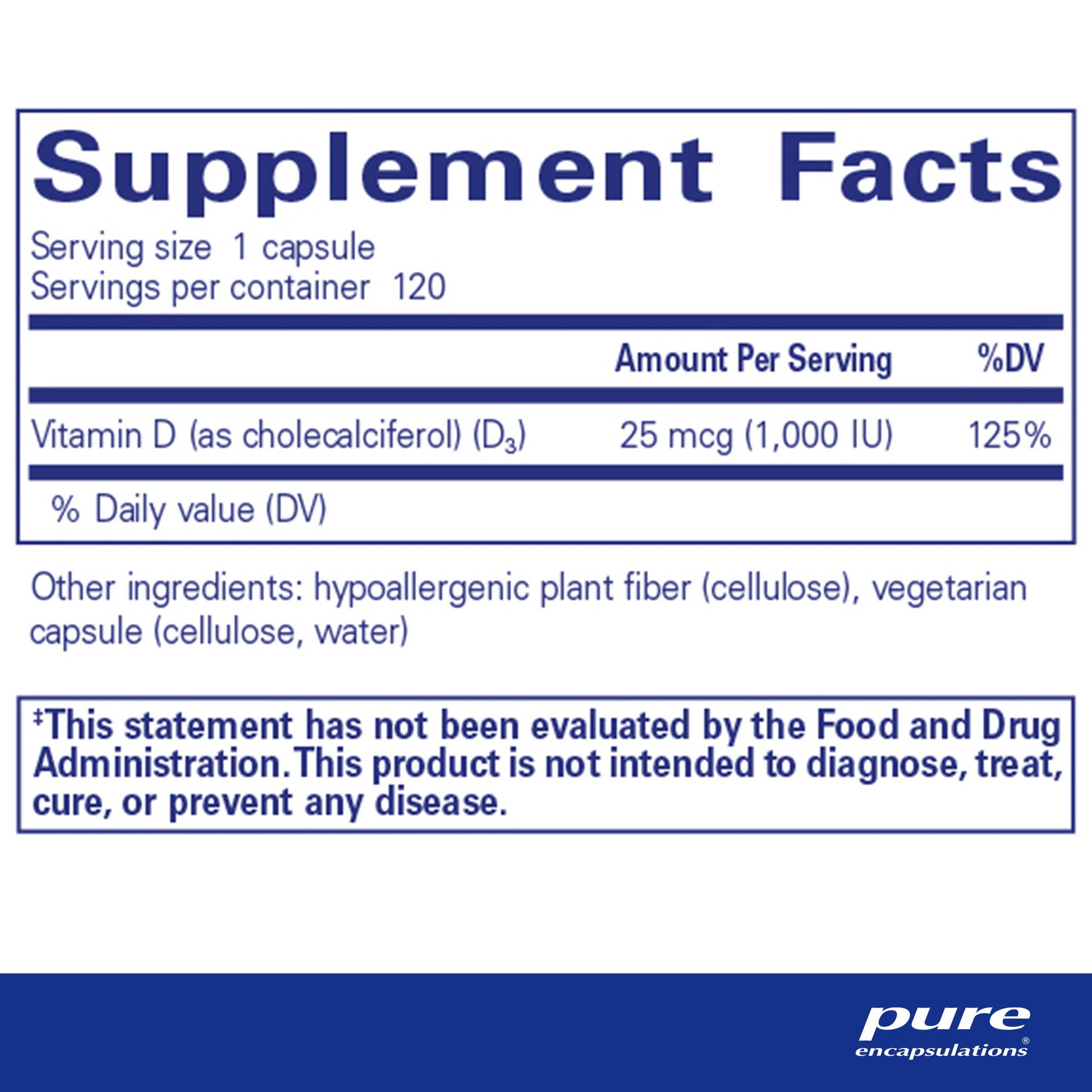 Supplement facts and ingredient information for a bottle of Pure Encapsulations Vitamin D3 25 mcg (1,000 IU)