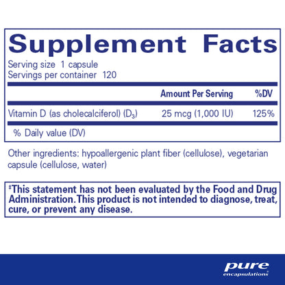 Supplement facts and ingredient information for a bottle of Pure Encapsulations Vitamin D3 25 mcg (1,000 IU)