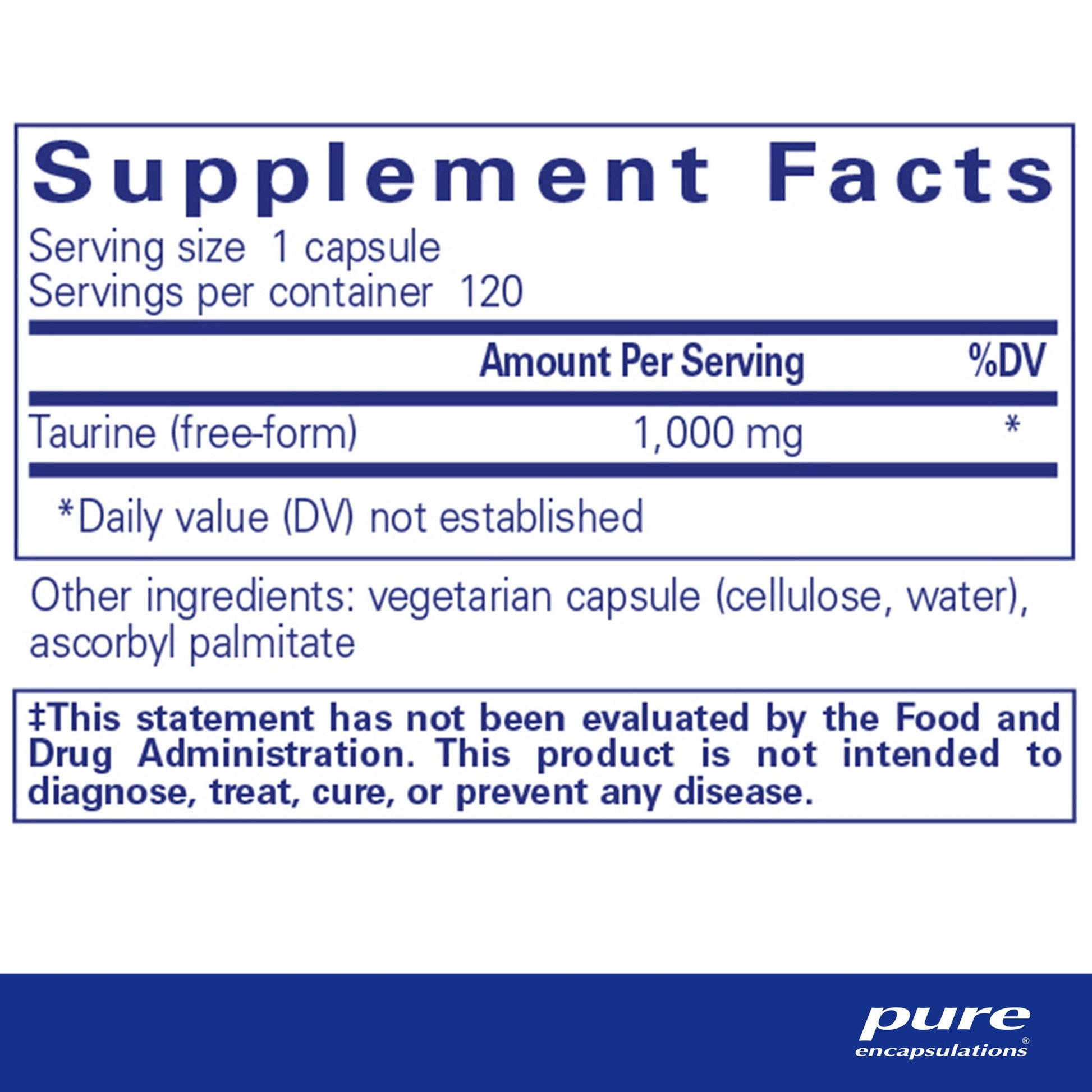 Supplement facts and ingredient information for a bottle of Pure Encapsulations Taurine 1,000 mg dietary supplement 