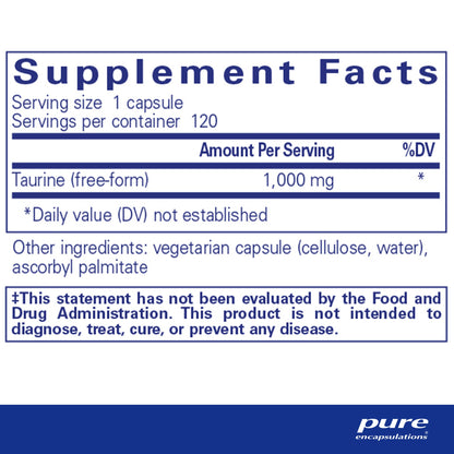 Supplement facts and ingredient information for a bottle of Pure Encapsulations Taurine 1,000 mg dietary supplement 