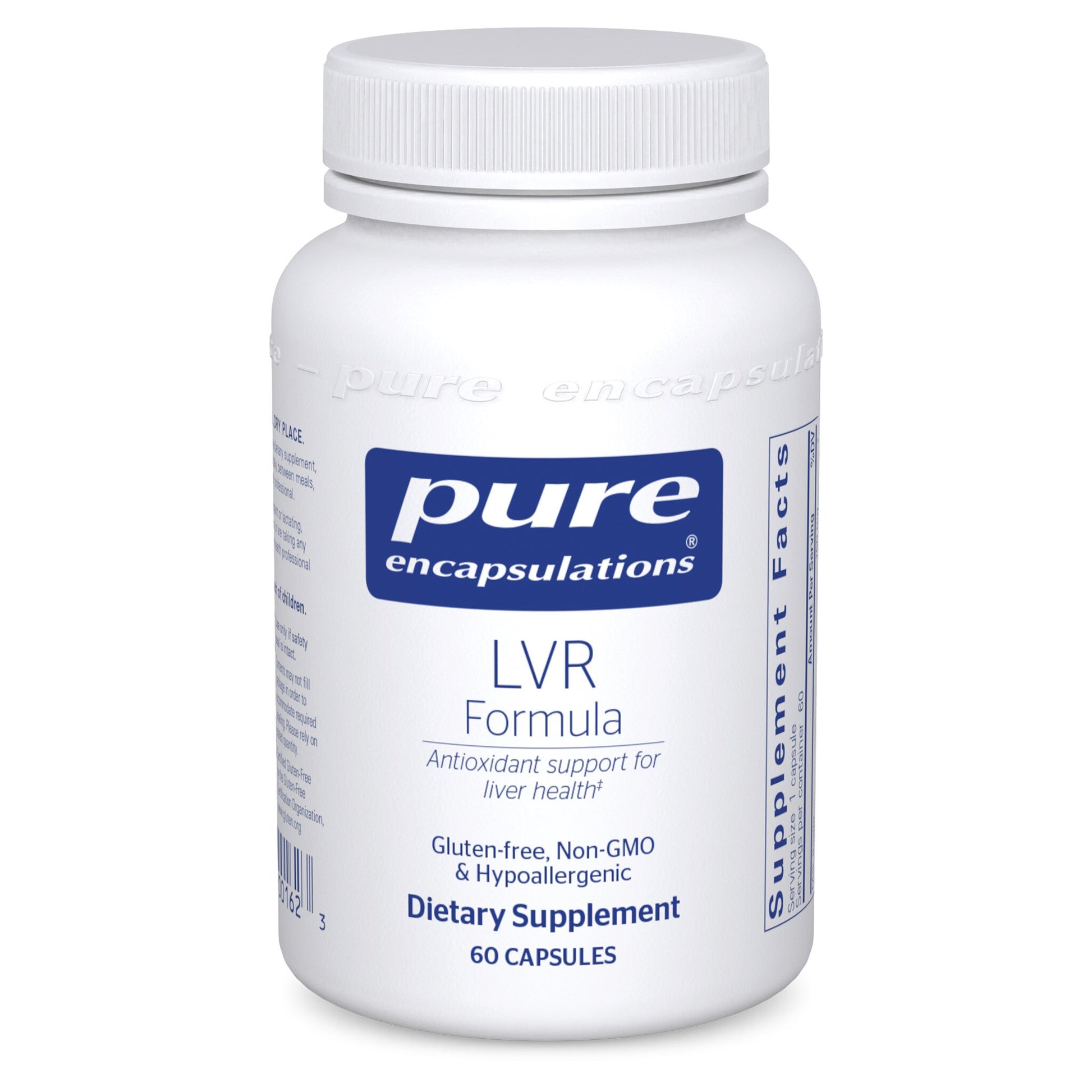 A bottle of Pure Encapsulations LVR Formula dietary supplement with 60 capsules, labeled as gluten-free, non-GMO, and hypoallergenic.