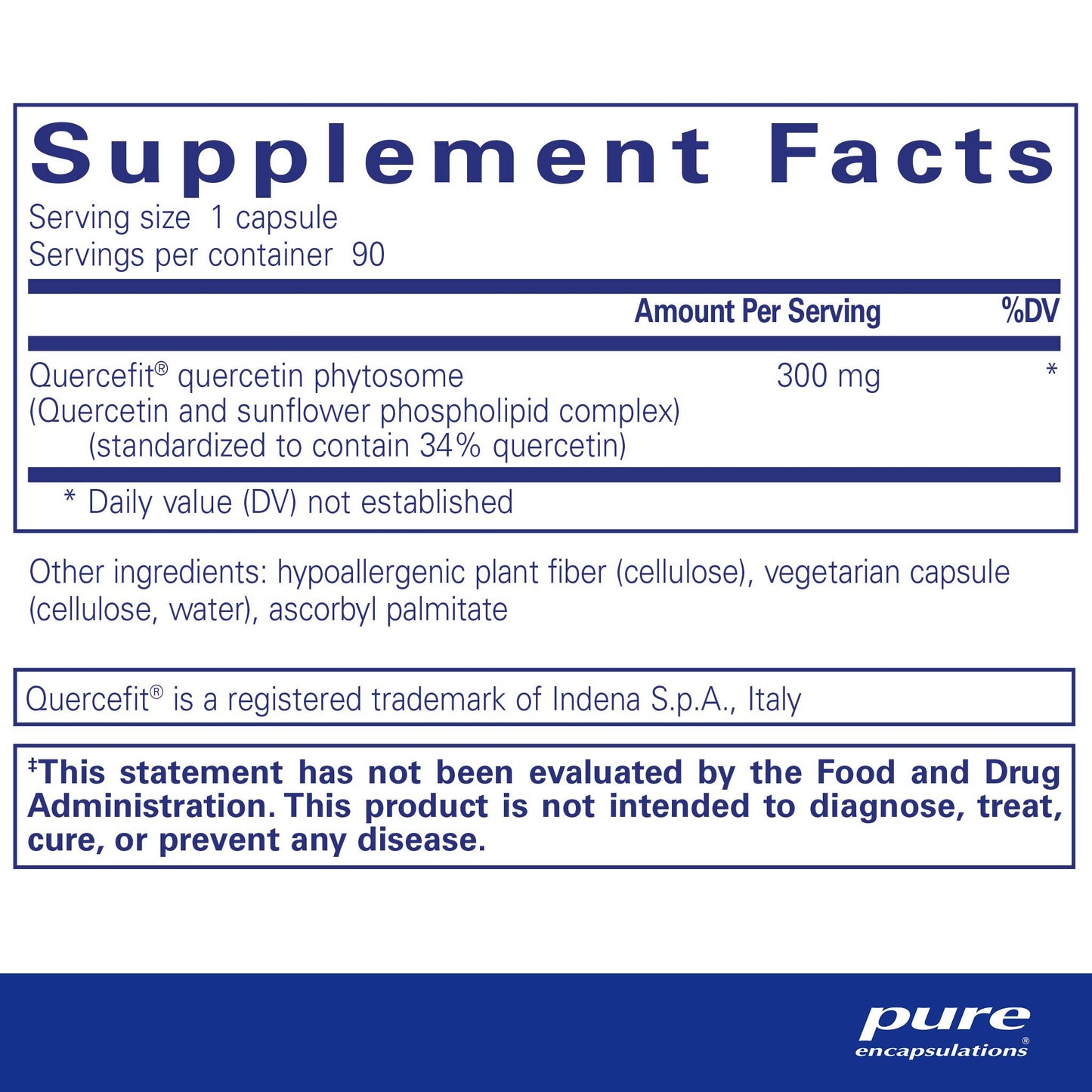Suplpement facts and product ingredients for a bottle of Pure Encapsulations Quercetin UltraSorb dietary supplement 