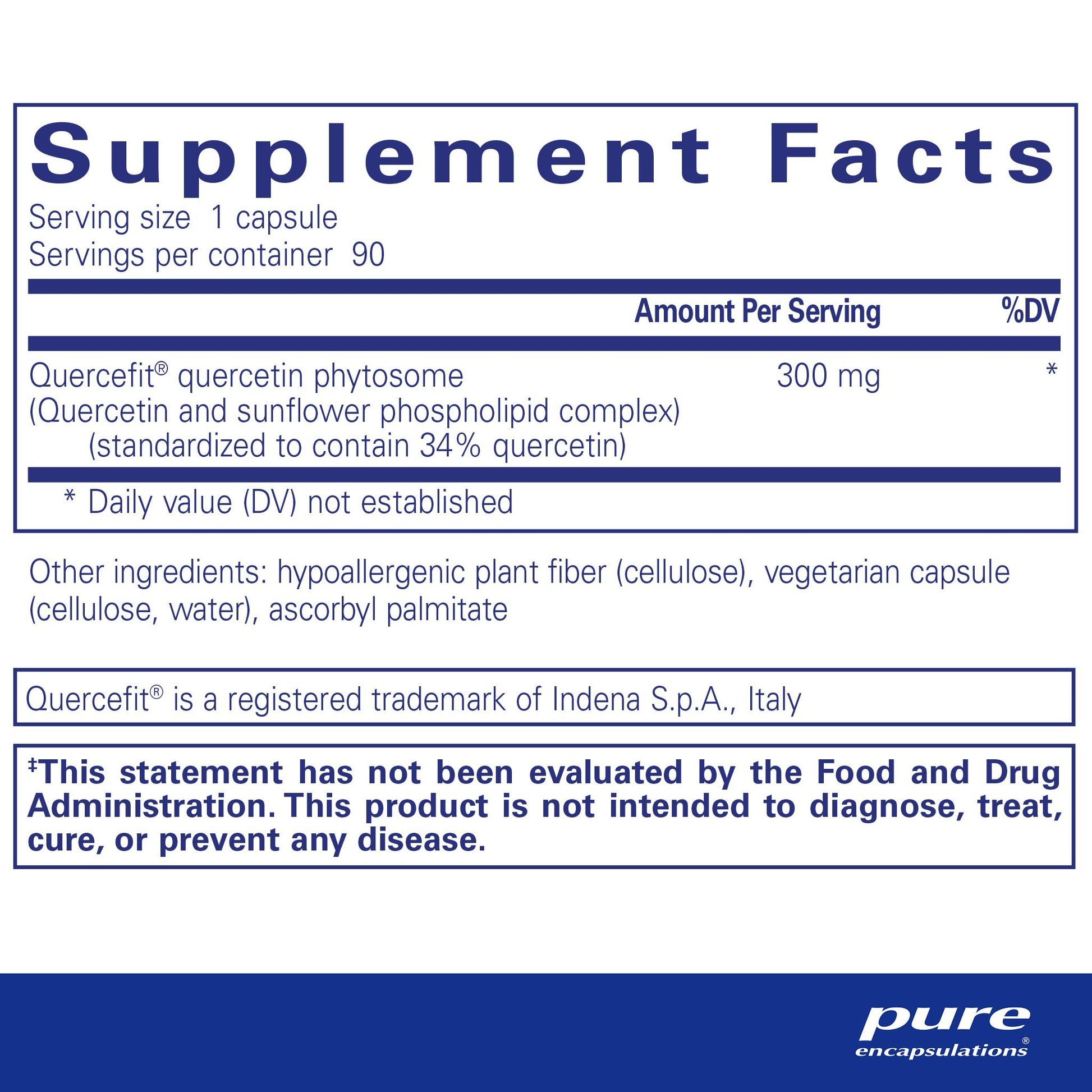 Suplpement facts and product ingredients for a bottle of Pure Encapsulations Quercetin UltraSorb dietary supplement 