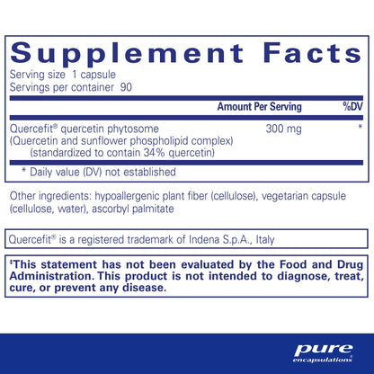 Suplpement facts and product ingredients for a bottle of Pure Encapsulations Quercetin UltraSorb dietary supplement 