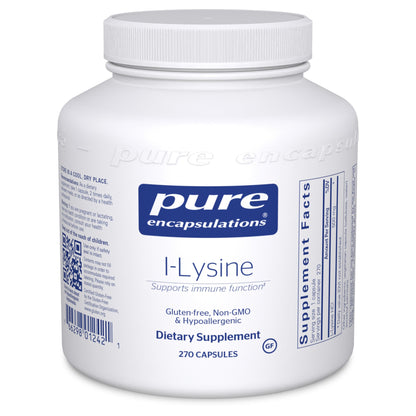 A bottle of Pure Encapsulations l-Lysine dietary supplement containing 270 capsules, with labels indicating it supports immune function, is gluten-free, non-GMO, and hypoallergenic.