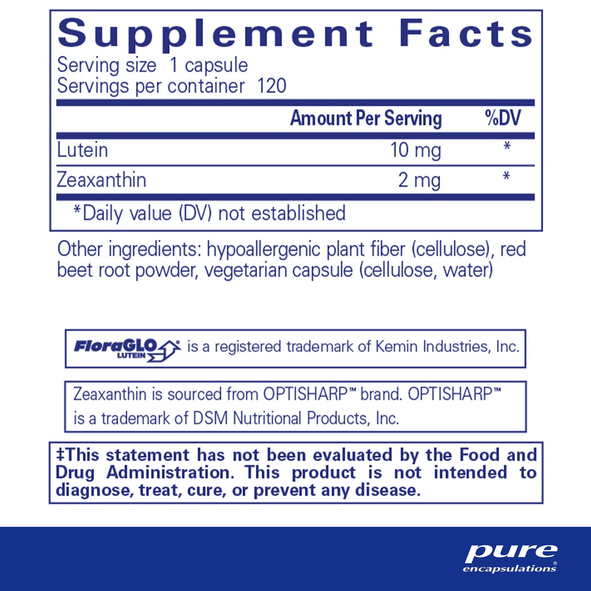 Supplement facts and ingredient information for a bottle of Pure Encapsulations Lutein/Zeaxanthin dietary supplement 