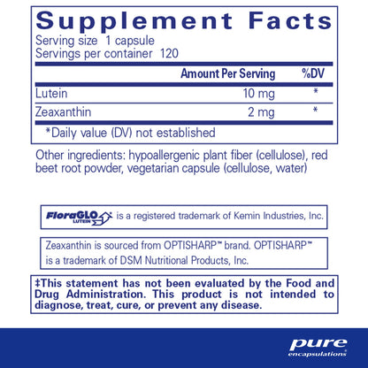 Supplement facts and ingredient information for a bottle of Pure Encapsulations Lutein/Zeaxanthin dietary supplement 