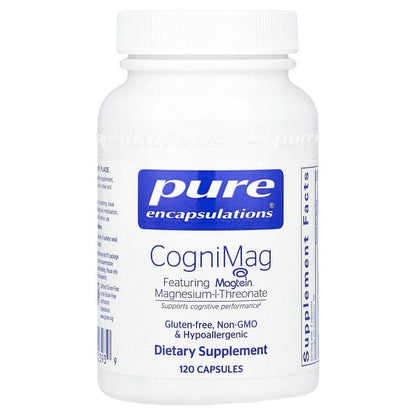 A white bottle of pure encapsulations Cognimag featuring magtein.  120 Capsules per bottle.  