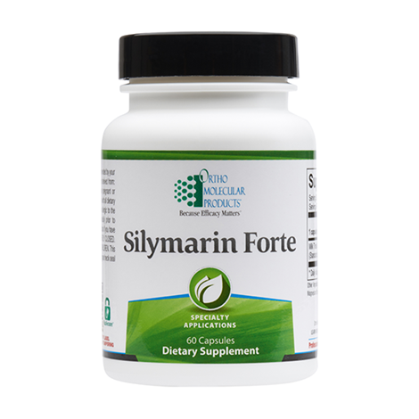 A bottle of Orthomolecular Products Silymarin Forte, with 60 capsules labeled as a dietary supplement for liver support and detoxification.